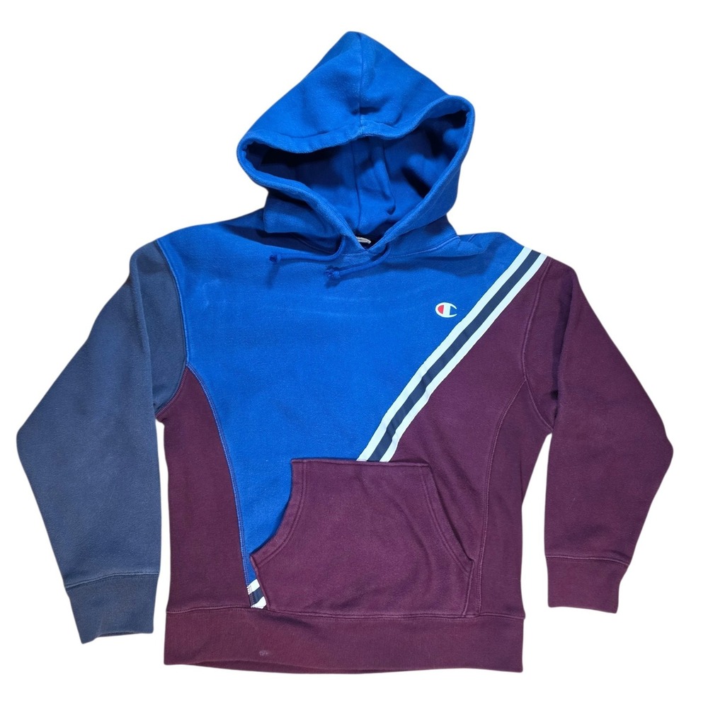 Y2K Champion Womens Large Hoodie Blue Burgundy Colorblock Reverse Weave Striped